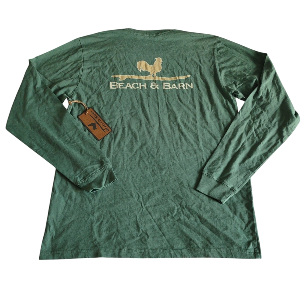 Beach & Barn Long Sleeve Green Tee Mens Medium Cotton Surfing Rooster Pine